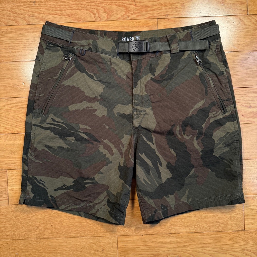 Roark Revival Layover Trail Shorts Mens 30 Camo Ripstop Integrated Belt Hiking
